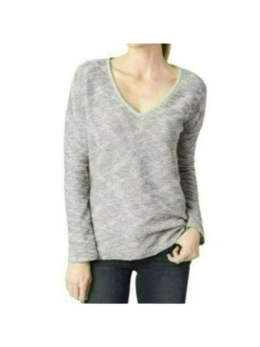 Paige Martine Women's Small Cream Gray V-Neck Tight Knit Sweater